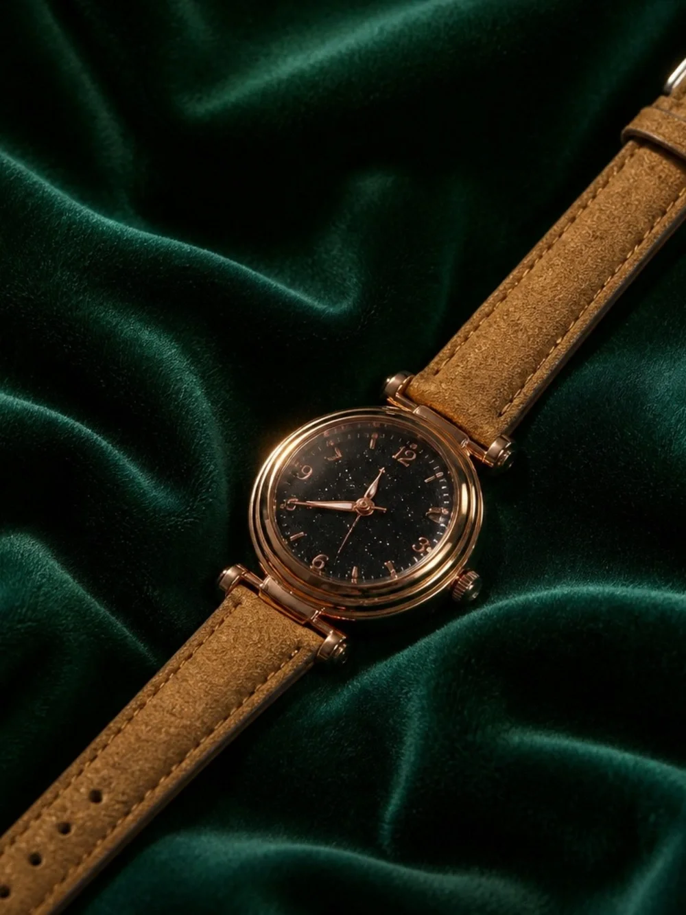 Gold Case Black Dial Watch with Olive Green Strap-Unisex